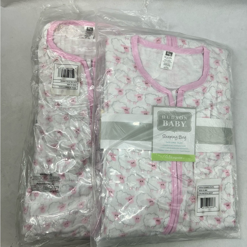Hudson Baby size 12-18M bundle of 2 new Pink and white lamb muslin sleep bags
